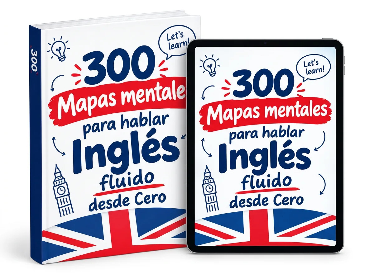 Libro y tablet con la portada de 300 Mapas Mentales para Hablar Inglés Fluido desde Cero
