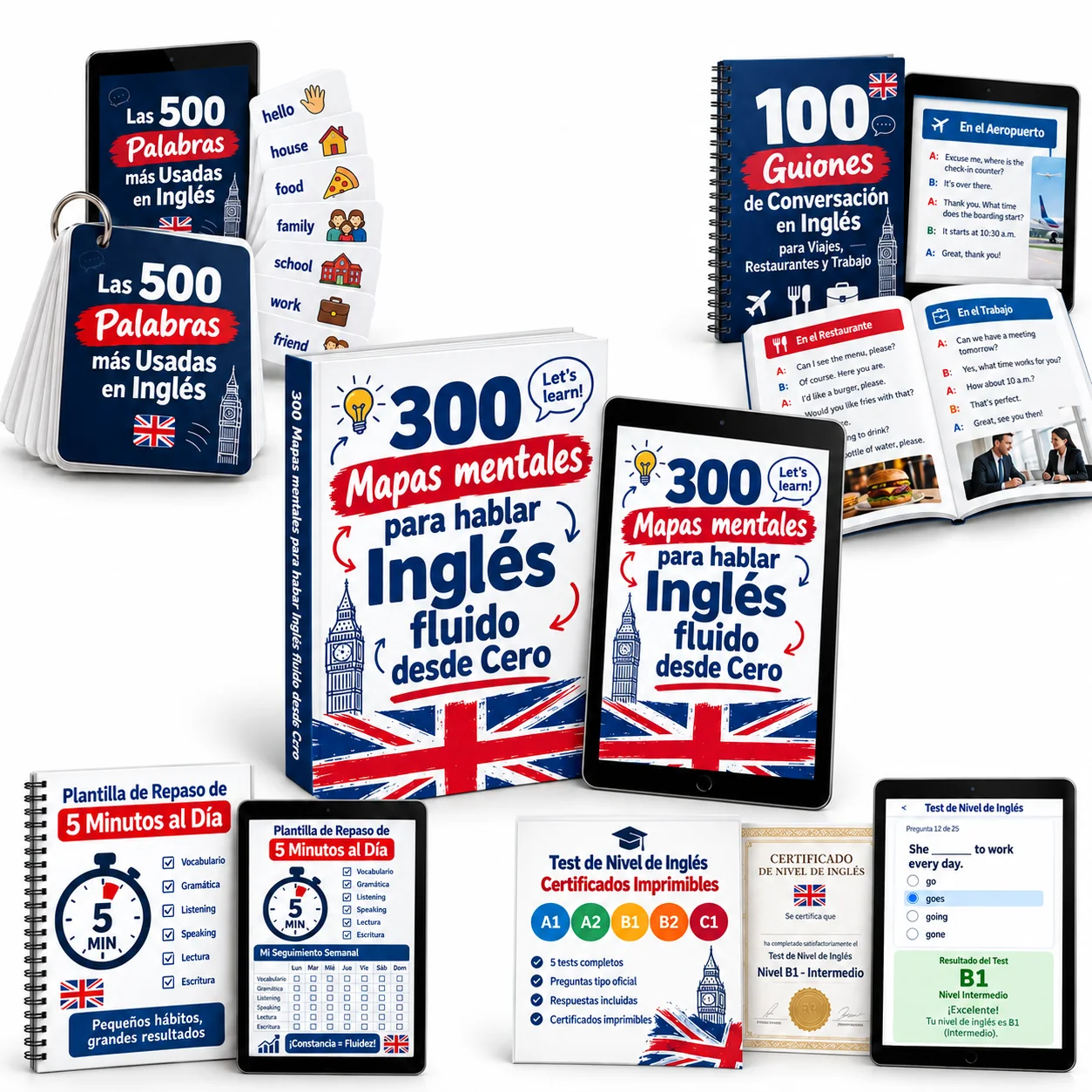 Paquete completo: 300 Mapas Mentales para Hablar Inglés Fluido desde Cero con los 4 bonos incluidos