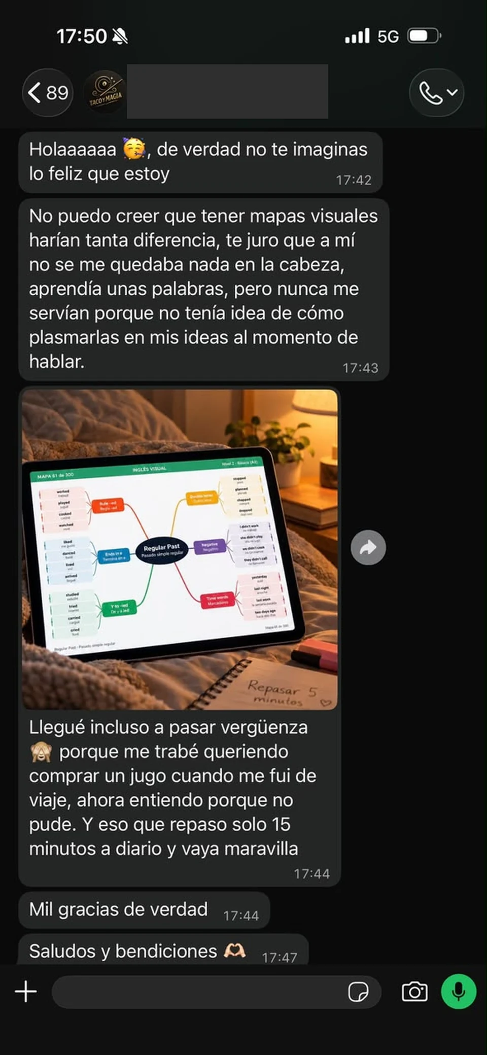 Opinión por WhatsApp sobre el repaso diario del mapa de pasado regular; teléfono oculto