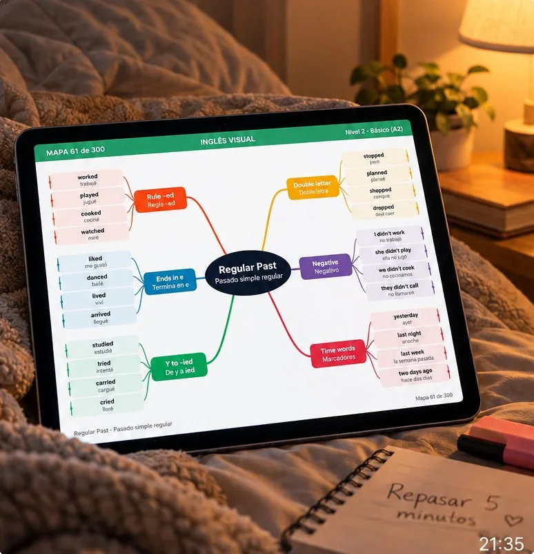Mapa mental en una tablet sobre la cama con luz cálida antes de dormir